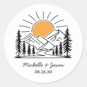 Modern Trendy Line Art Mountains Wedding Classic Round Sticker