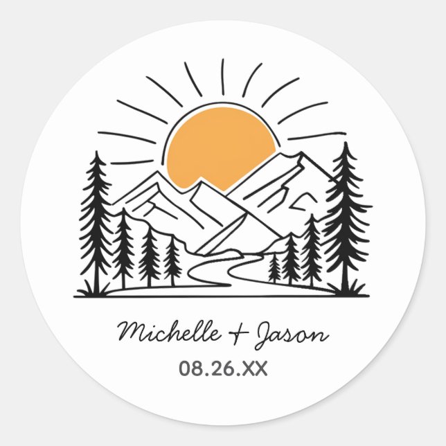 Modern Trendy Line Art Mountains Wedding           Classic Round Sticker (Front)