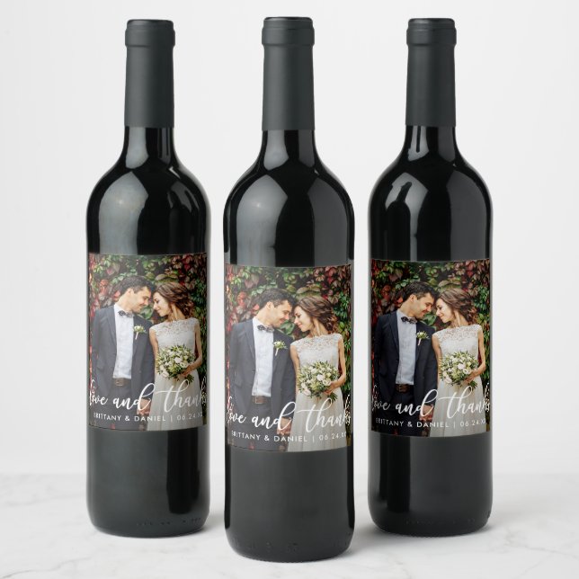 Modern Trendy Love and Thanks | Photo Wedding Wine Label (Bottles)