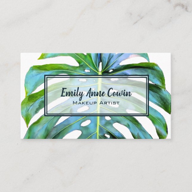 Modern Trendy Makeup Artist Tropical Leaf Greenery Business Card (Front)