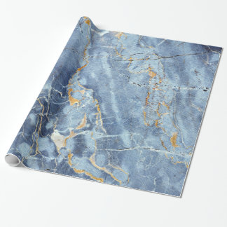 Modern Trendy Marble Pattern in Blue Gold Grey Wrapping Paper