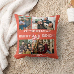 Modern trendy Merry and Bright Family Photo Cushion