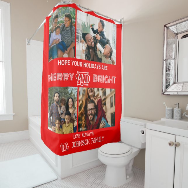 Modern trendy Merry and Bright Family Photo Shower Curtain (In Situ)