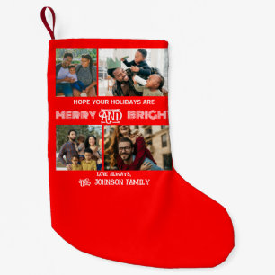 Modern trendy Merry and Bright Family Photo Small Christmas Stocking