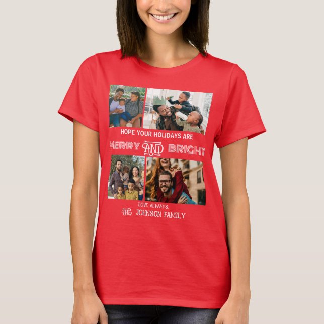 Modern trendy Merry and Bright Family Photo T-Shirt (Front)
