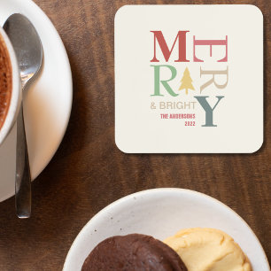 Modern Trendy Merry And Bright Minimalist Colourfu Coaster
