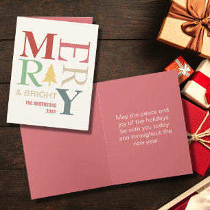 Modern Trendy Merry And Bright Minimalist Colourfu Holiday Card