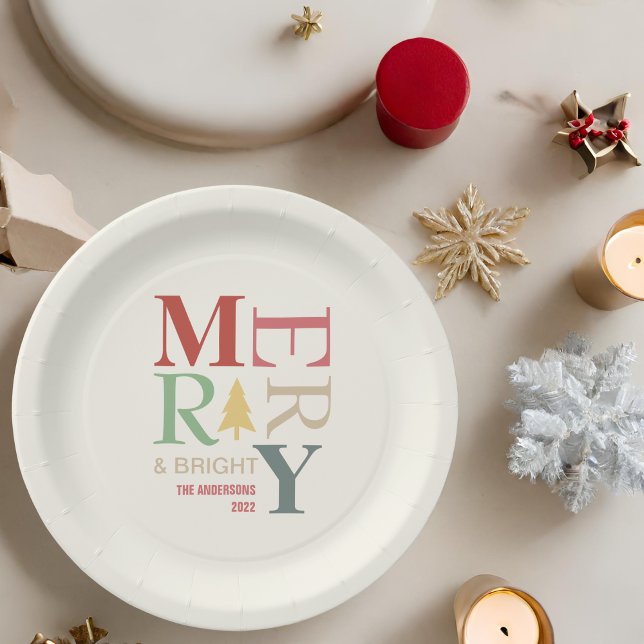 Modern Trendy Merry And Bright Minimalist Colourfu Paper Plate (Creator Uploaded)