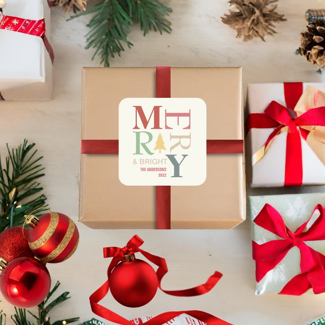 Modern Trendy Merry And Bright Minimalist Colourfu Square Sticker (Creator Uploaded)