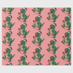 Modern Trendy Merry Christmas Dinosaur Santa Hat   Wrapping Paper