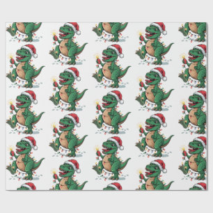 Modern Trendy Merry Christmas Dinosaur Santa Hat   Wrapping Paper