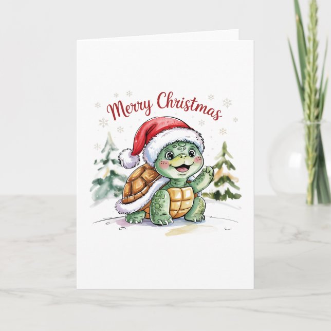 Modern Trendy Merry Christmas Turtle in Santa Hat  Card (Front)