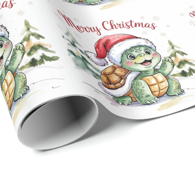 Modern Trendy Merry Christmas Turtle in Santa Hat  Wrapping Paper (Roll Corner)