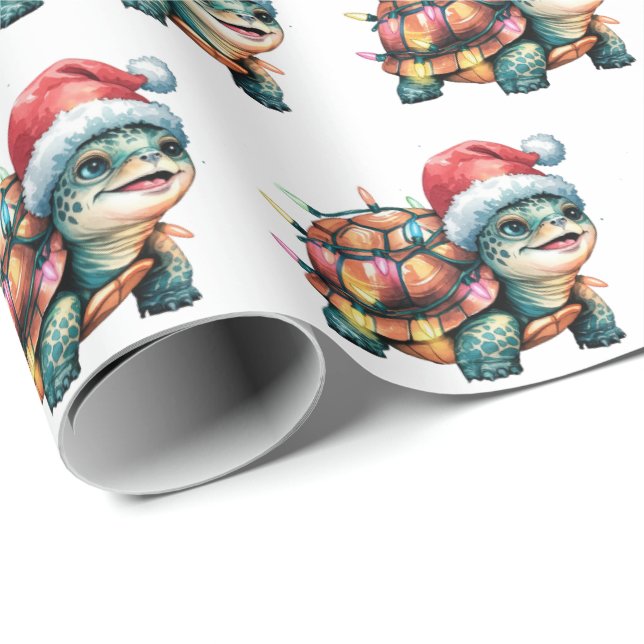 Modern Trendy Merry Christmas Turtle in Santa Hat  Wrapping Paper (Roll Corner)