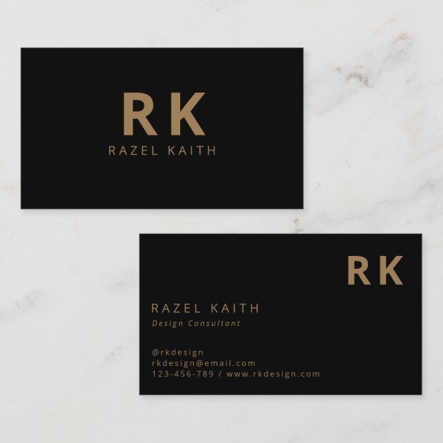 Modern Trendy Minimalist Black Gold Two Monogram Business Card (Front/Back)