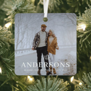 Modern Trendy Minimalist, Christmas Family Photo Metal Tree Decoration