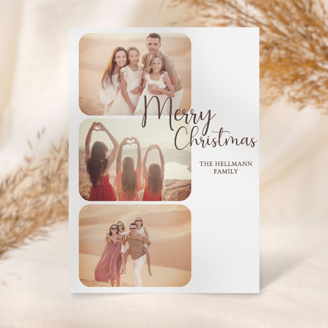 Modern trendy minimalist photos Merry Christmas Holiday Card (Modern minimalist boho greeting card with three photos. Family pictures and merry christmas script.)