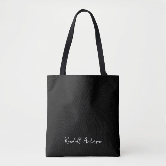 Modern Trendy Monogram Black Script Name  Tote Bag (Front)