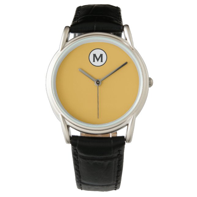 Modern Trendy Mustard Yellow Black Monogram Watch (Front)