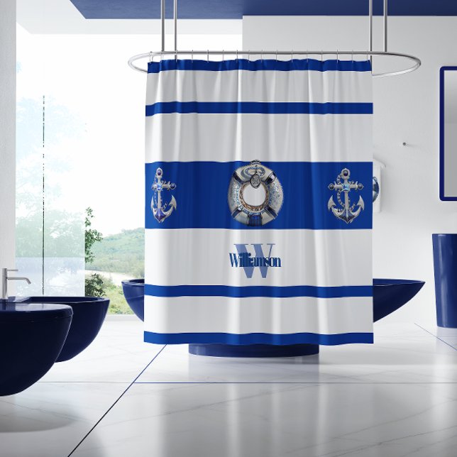Modern Trendy Nautical Blue and White Long  Shower Curtain (Creator Uploaded)