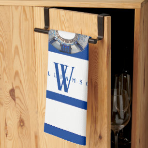 Modern Trendy Nautical Blue and White Monogrammed Tea Towel