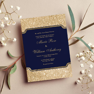 Modern trendy navy blue gold glitter Wedding Invitation