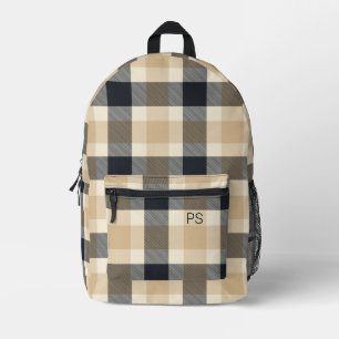 Modern Trendy Neutral Check Plaid Monogram Initial Printed Backpack