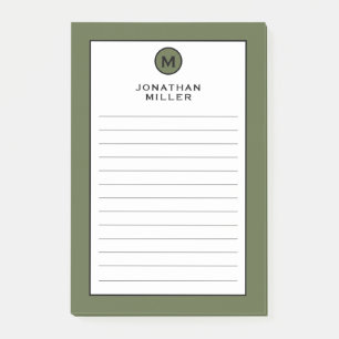 Modern Trendy Olive Green Monogram Lined Post-it Notes