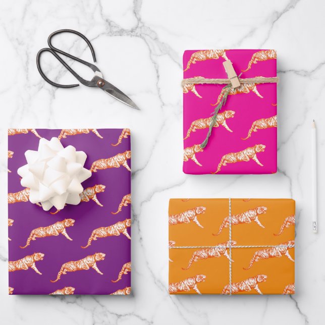 Modern Trendy Orange Pink Purple Tiger Pattern Wrapping Paper Sheet (Front)