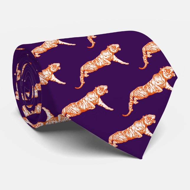 Modern Trendy Orange Tiger on Dark Purple Tie (Rolled)