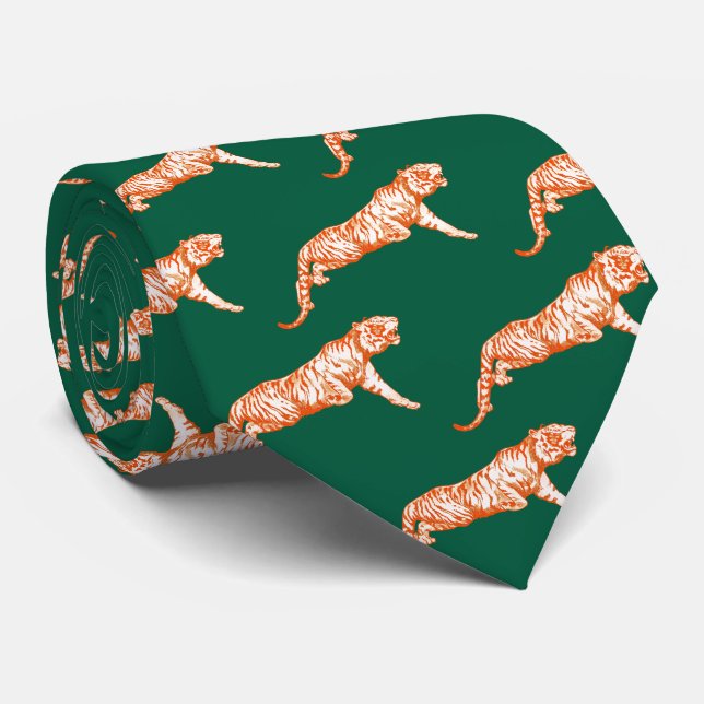 Modern Trendy Orange Tiger on Hunter Green  Tie (Rolled)