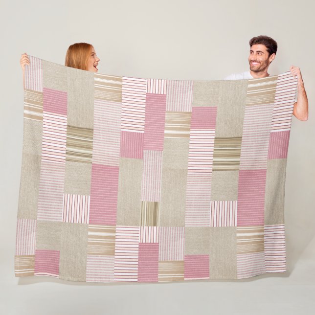 Modern Trendy Patchwork Quilt Pink Beige Stripes Fleece Blanket (In Situ)