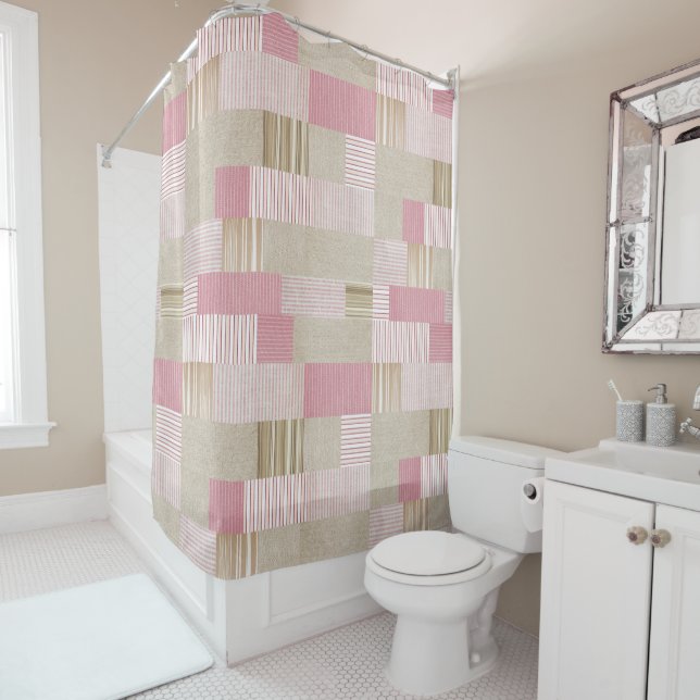 Modern Trendy Patchwork Quilt Pink Beige Stripes Shower Curtain (In Situ)