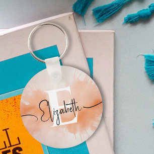 Modern Trendy Peach Fuzz Watercolor Chic Monogram Key Ring
