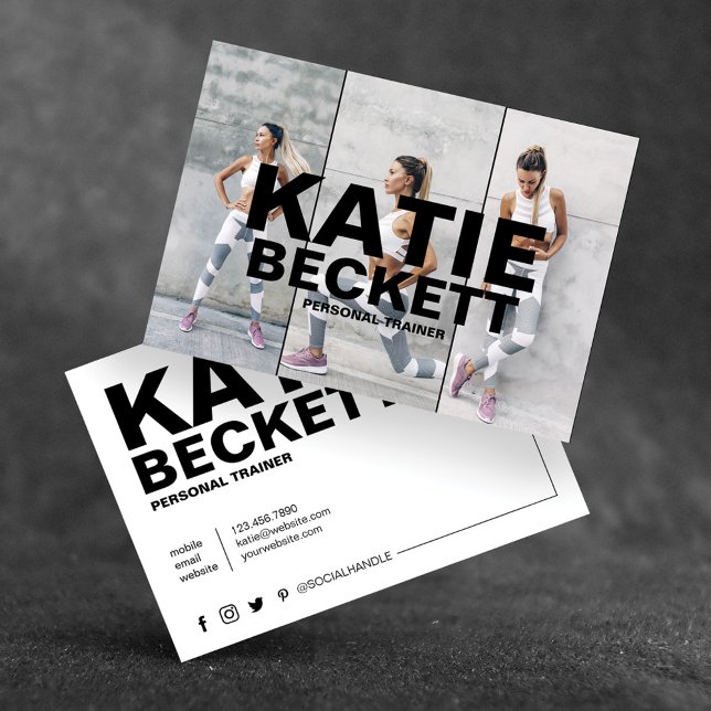 Modern Trendy Personal Trainer Fitness Gym 3 Photo Business Card (Creator Uploaded)