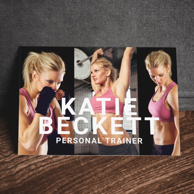 Modern Trendy Personal Trainer Fitness Gym 3 Photo Business Card (Creator Uploaded)