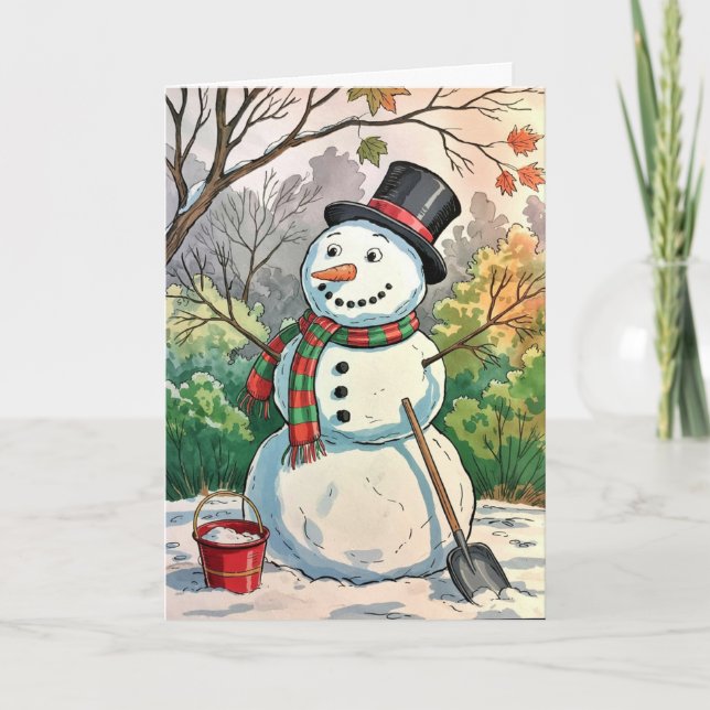 Modern Trendy Personalised Merry Christmas Snowman Holiday Card (Front)