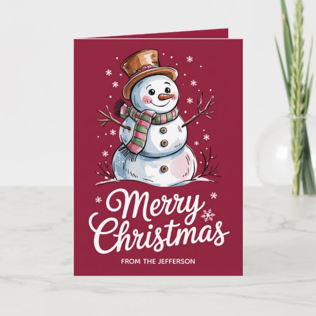 Modern Trendy Personalised Merry Christmas Snowman Holiday Card (Front)