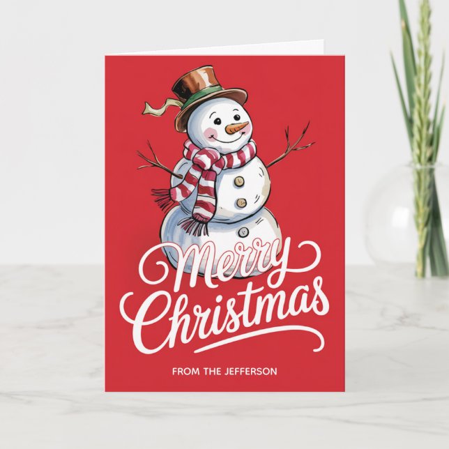 Modern Trendy Personalised Merry Christmas Snowman Holiday Card (Front)