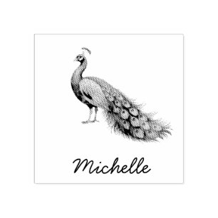 Modern Trendy  Personalised Name Peacock Rubber Stamp