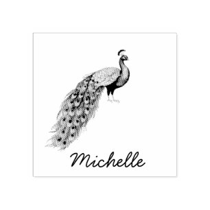 Modern Trendy Personalised Name Peacock Rubber Stamp