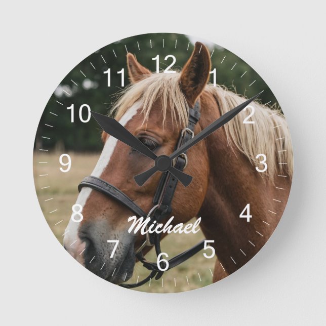 Modern Trendy Personalised Photo Horse Lover  Round Clock (Front)