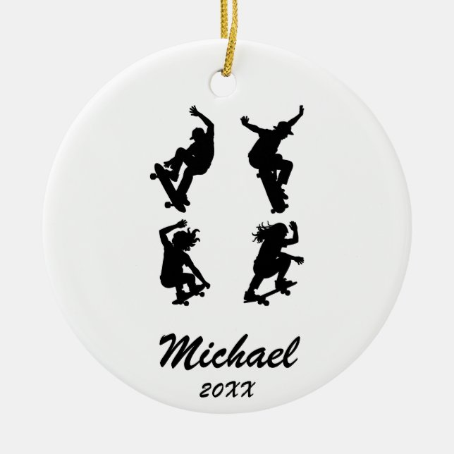 Modern Trendy Personalised skateboarder            Ceramic Tree Decoration (Front)