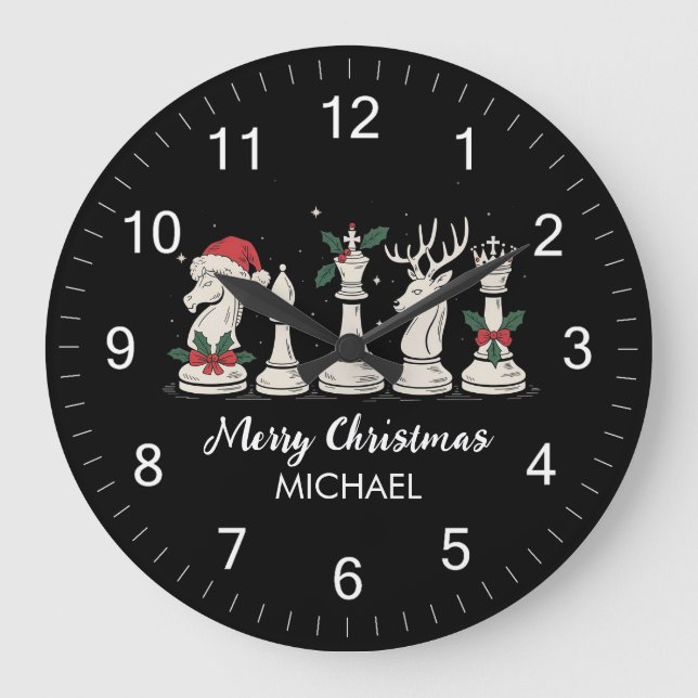 Modern Trendy Personalized Chess Pieces Christmas  Large Clock (Front)