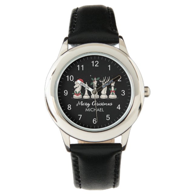 Modern Trendy Personalized Chess Pieces Christmas  Watch (Front)