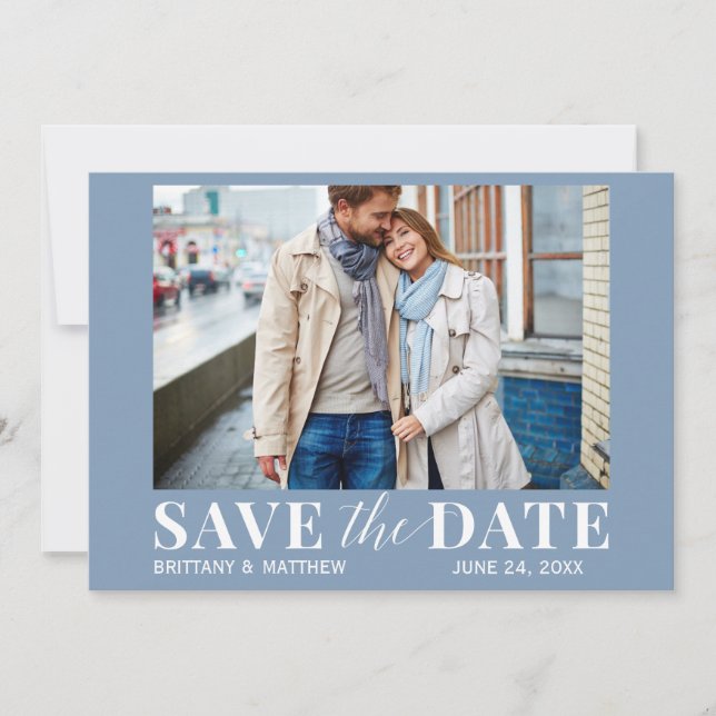 Modern Trendy Photo Dusty Blue Save The Date (Front)