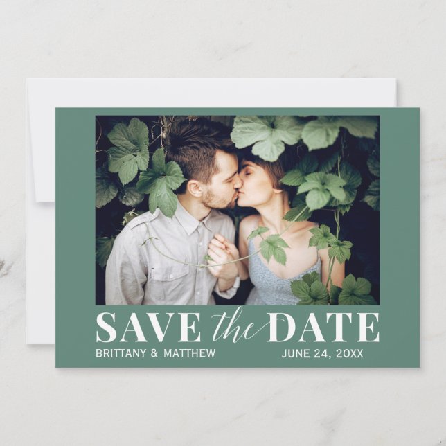 Modern Trendy Photo Eucalyptus Green Save The Date (Front)