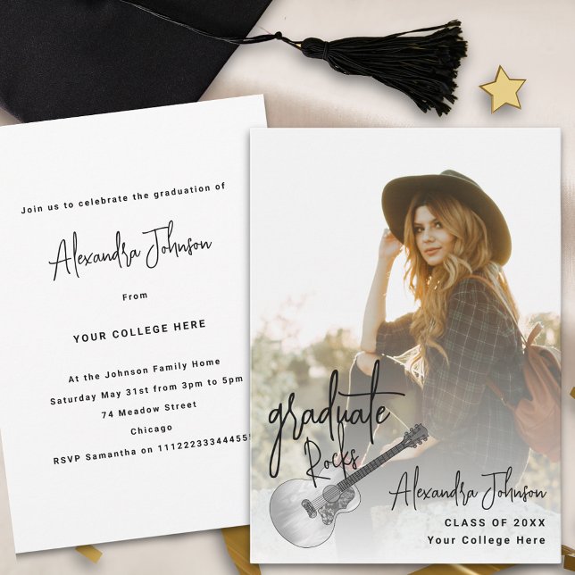 Modern Trendy Photo Graduation Party Invitation (Modern trendy photo graduation announcement party rustic country guitar music theme)