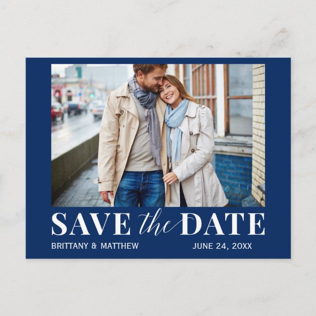 Modern Trendy Photo Navy Blue Save The Date Postcard (Front)