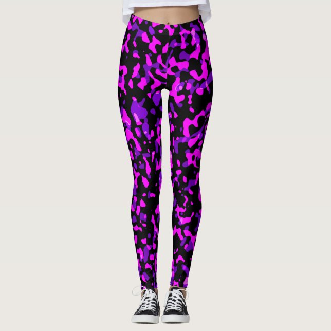 Modern Trendy Pink and Purple Camouflage Pattern Leggings (Front)